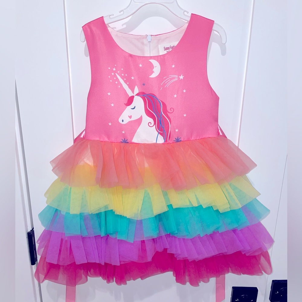 Sunny Fashion Girls Ruffle Dress Unicorn Print size 5
